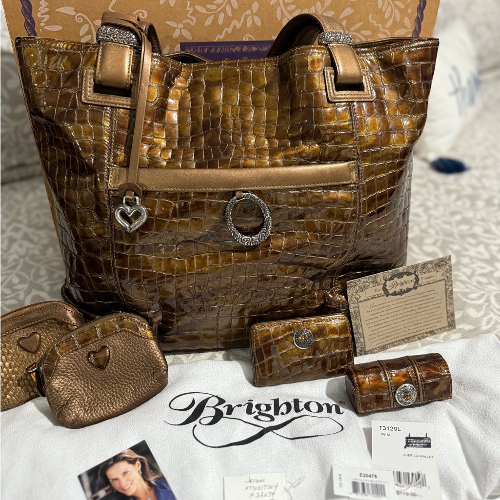 Vintage Brighton Jetson Brass Croc-Embossed Tote Bag And Accessories